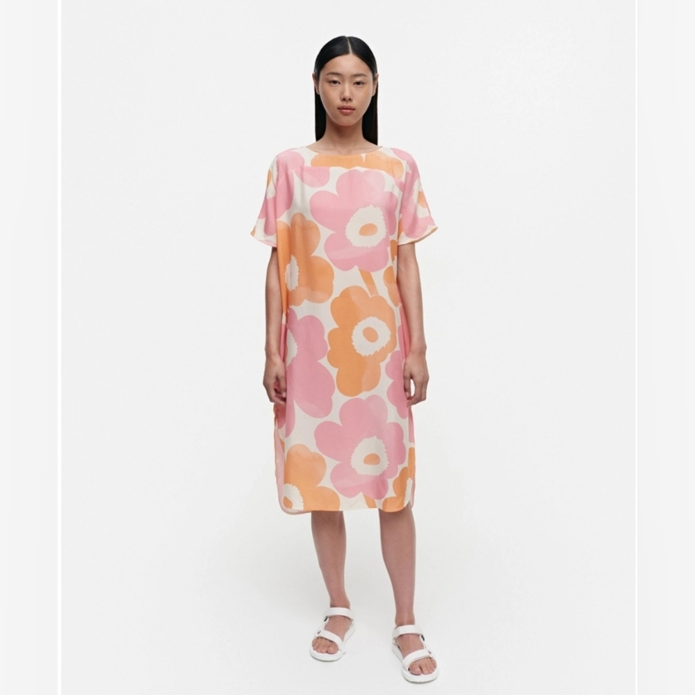 Marimekko Majus Unikko Dress Silky Poppy Flower Print Shift Dress Size Medium